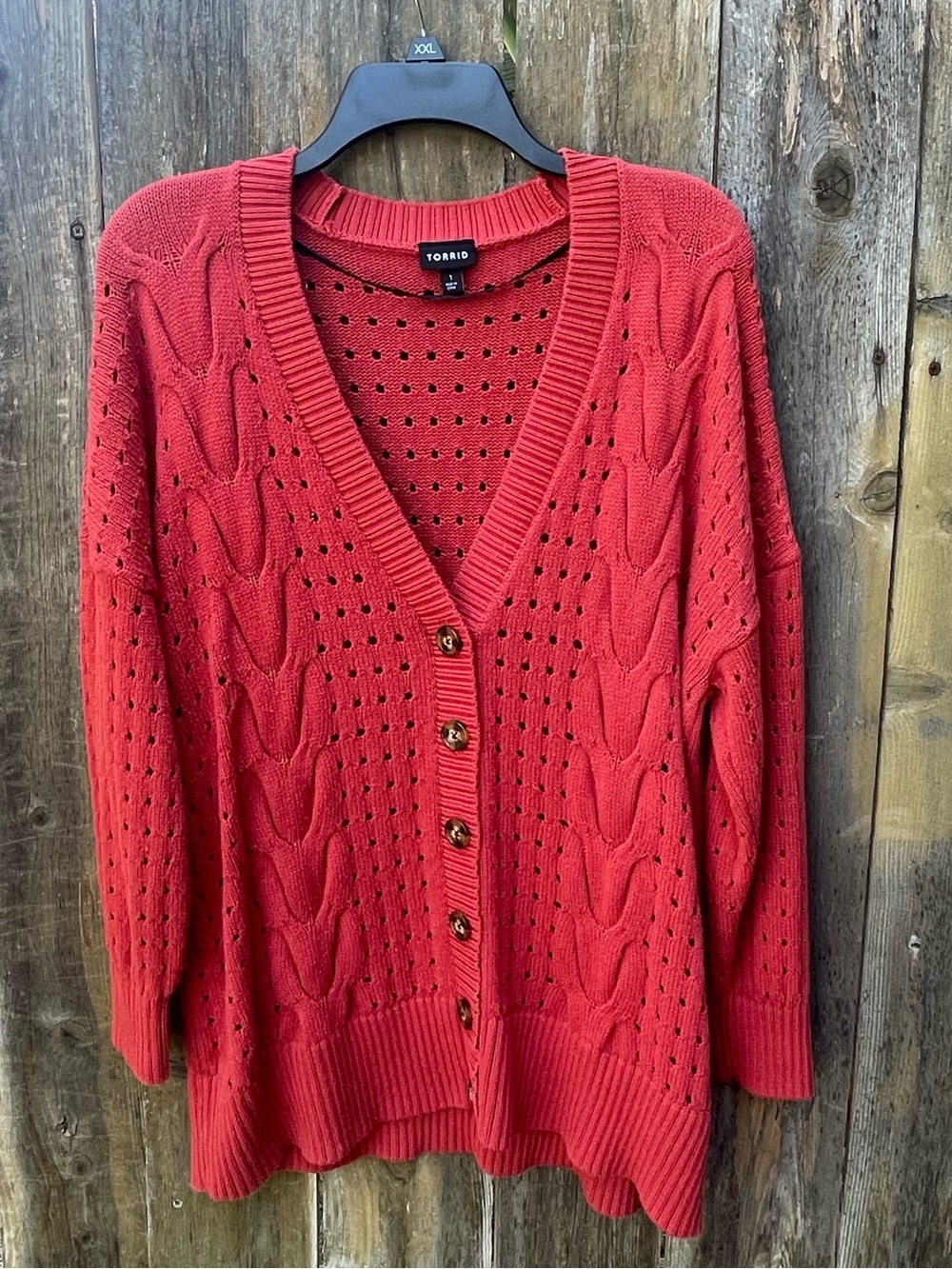 Torrid Boyfriend Red Open-Weave Cable Knit Button Cardigan